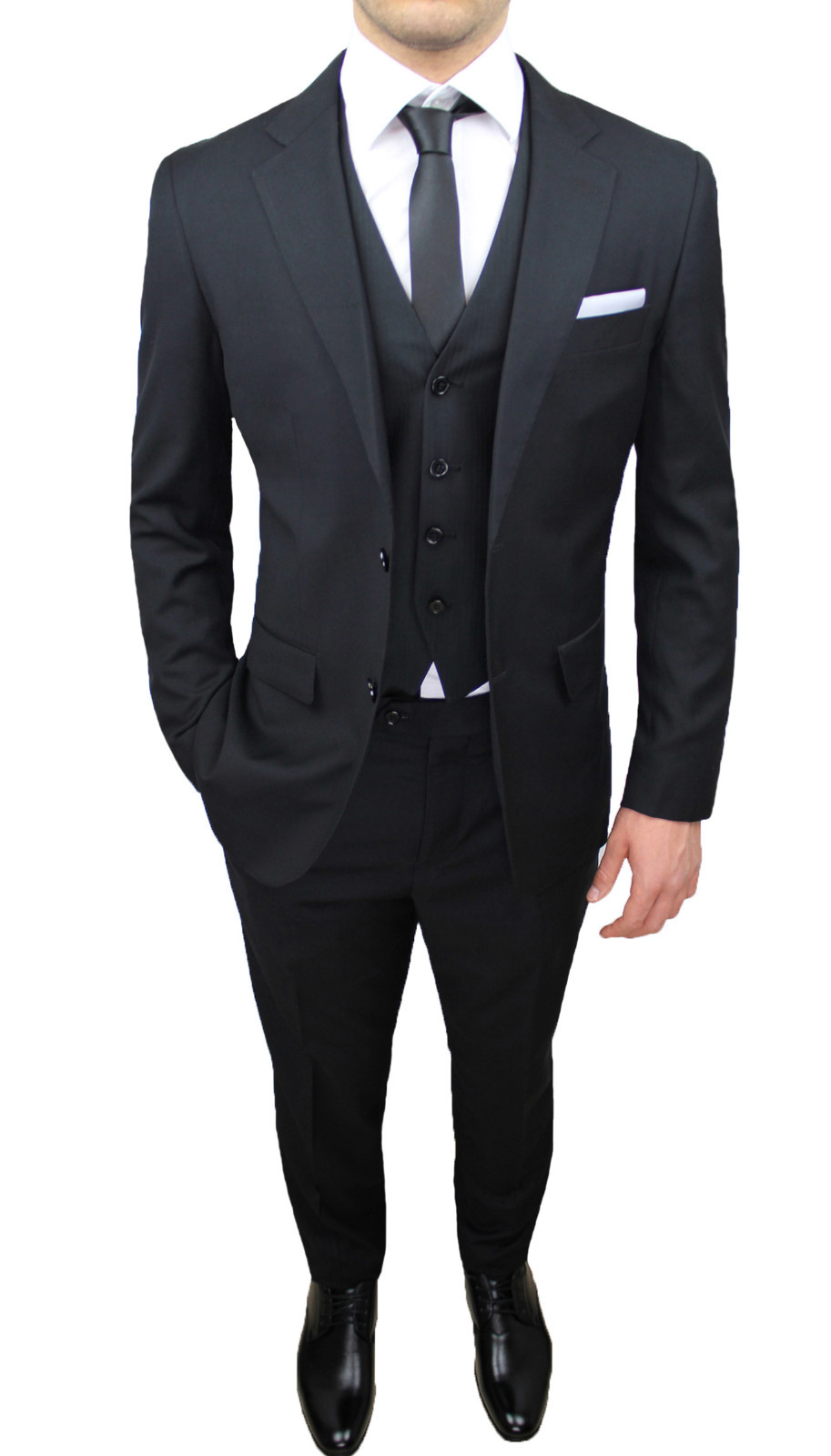 ABITO UOMO SARTORIALE NERO ELEGANTE SET COMPLETO CON GILET CRAVATTA E  POCHETTE